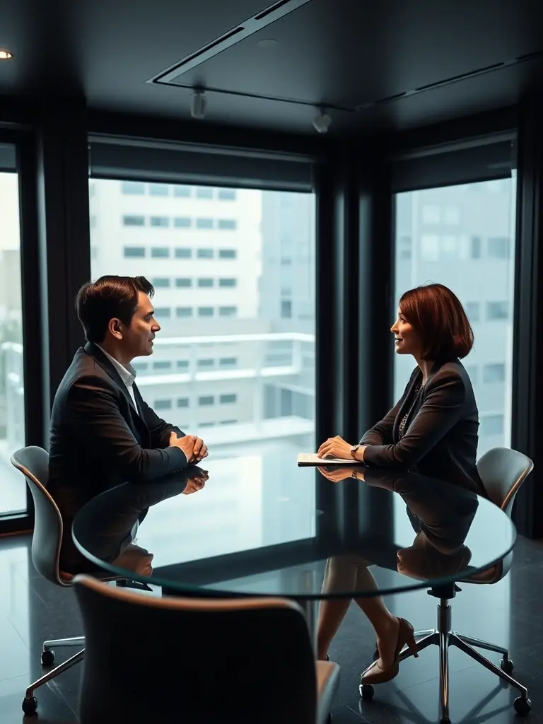 A professional coach is conducting a one-on-one session with a client in a modern office, discussing career goals and strategies.