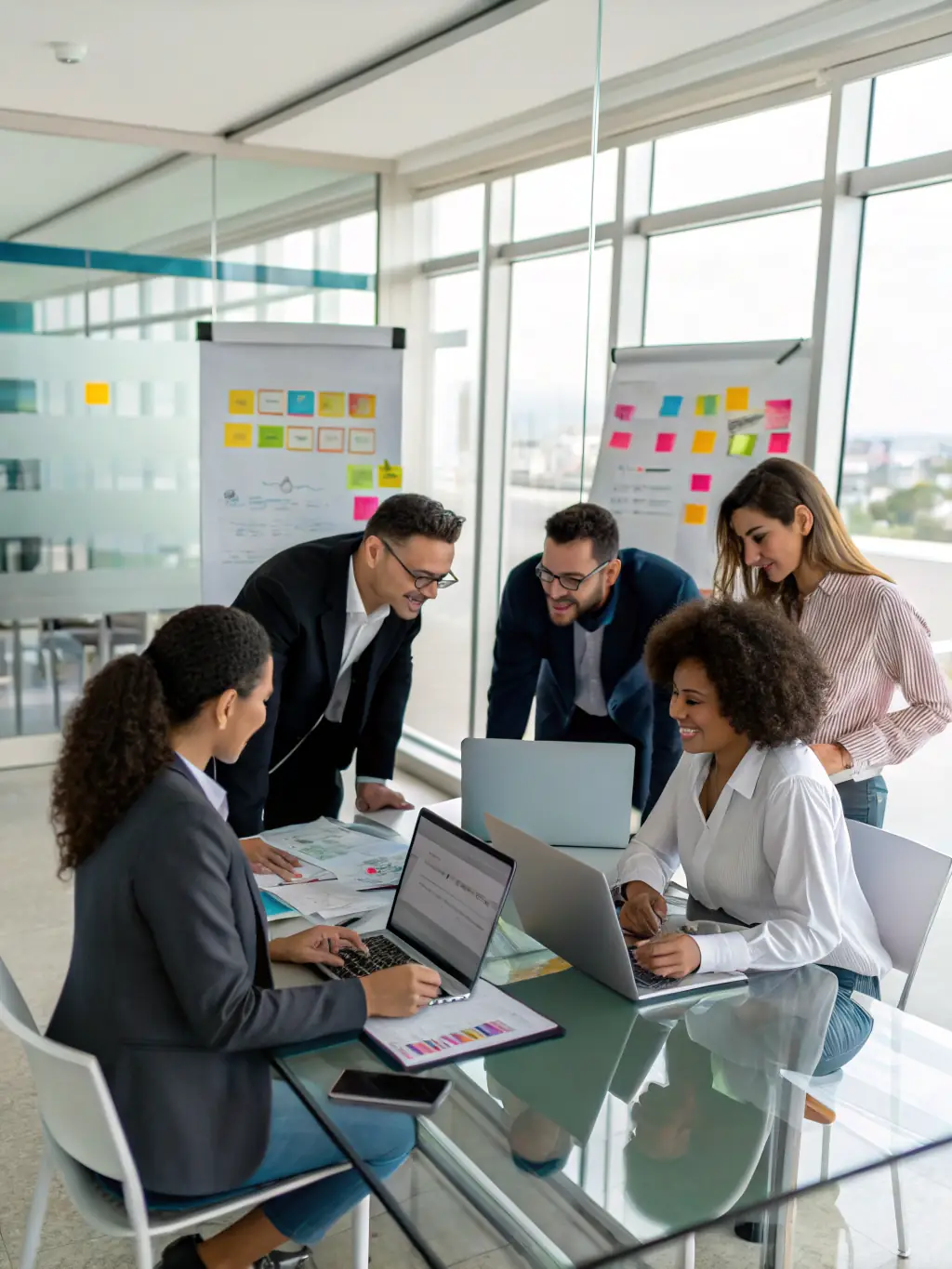 A team of professionals collaborating in a workshop, brainstorming ideas and developing leadership skills.