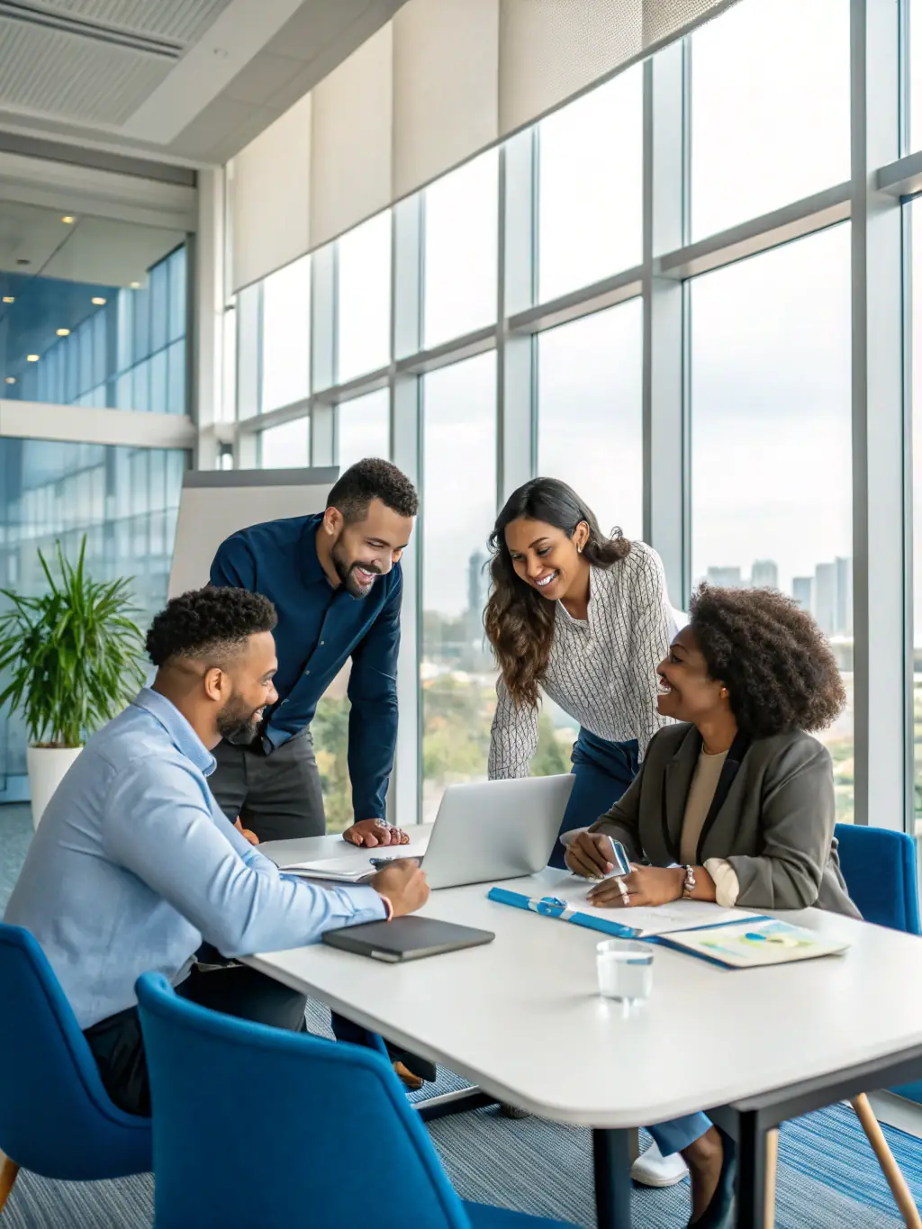 A diverse group of professionals collaborating in a modern office, showcasing skill development and teamwork facilitated by Skillbrit's coaching.