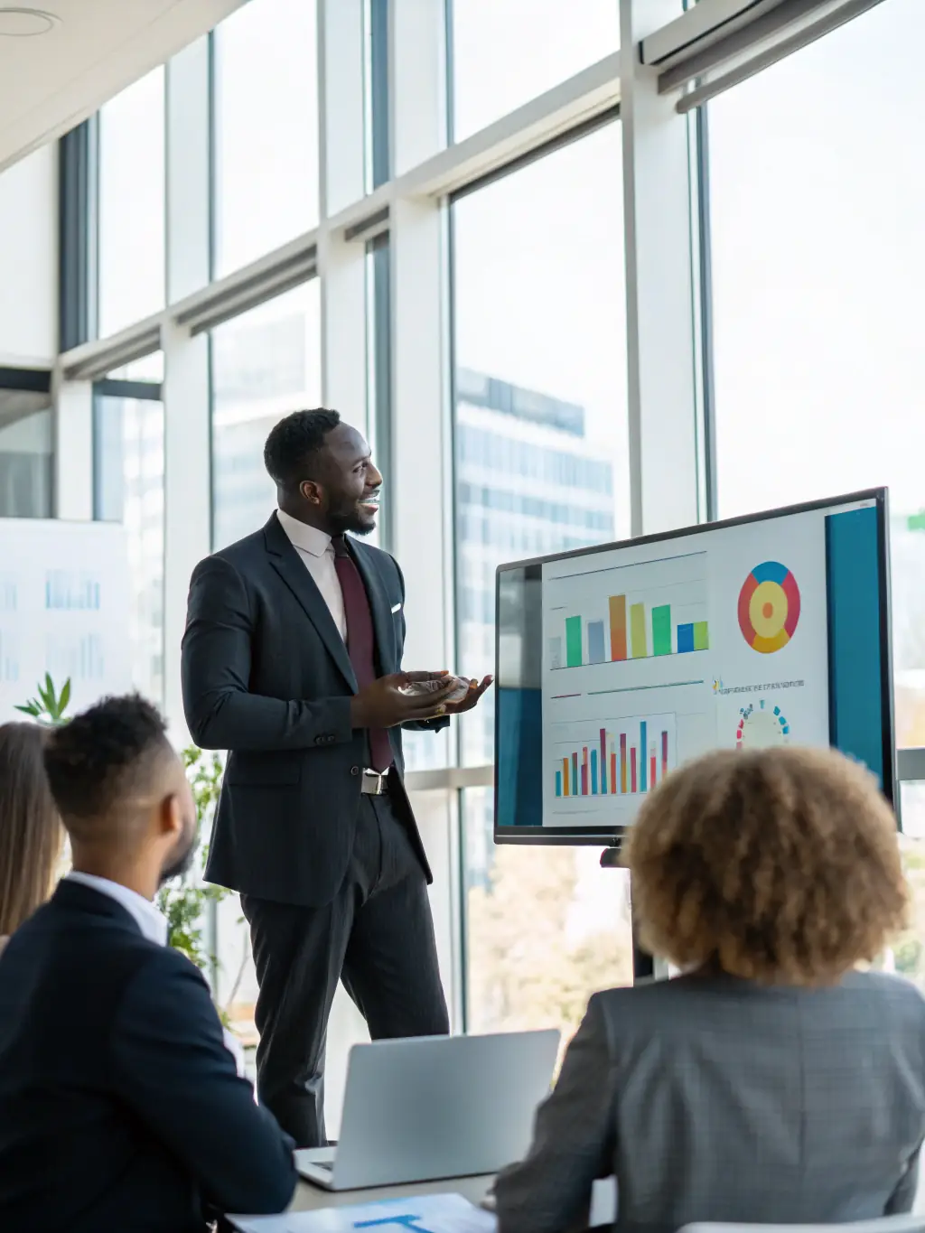 A business coach is presenting strategic planning techniques to a group of entrepreneurs in a co-working space.