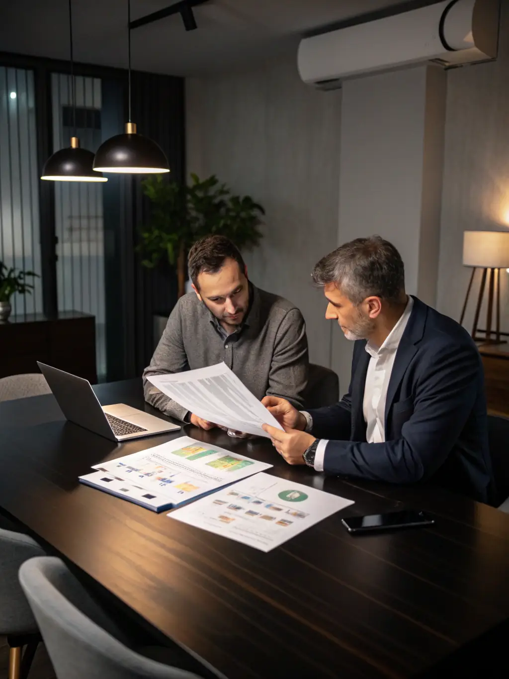 A professional business coach guiding a client through strategic planning in a modern office setting, emphasizing the collaborative and forward-thinking nature of the coaching process.